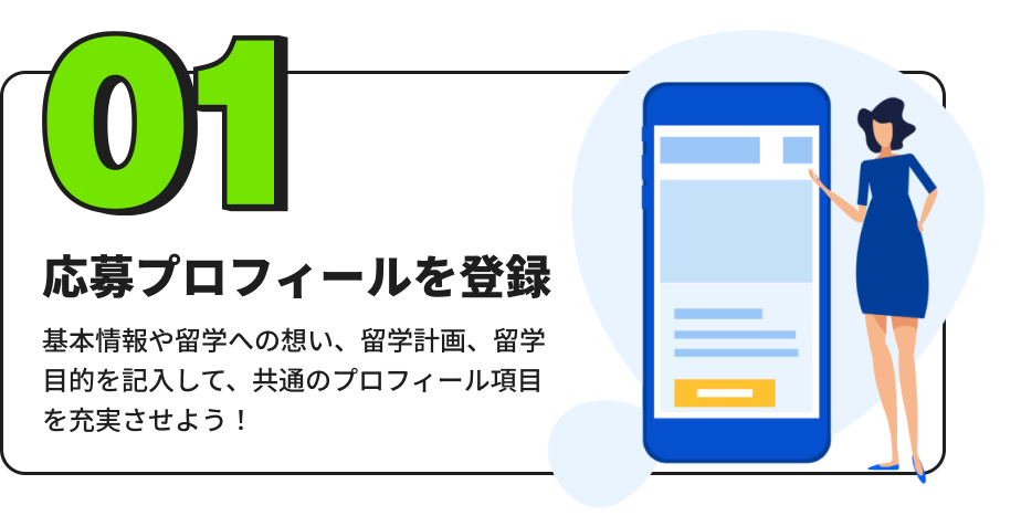 「応募プロフィールを登録」 留学に対する想いや、行きたい国、目的を記入しよう。